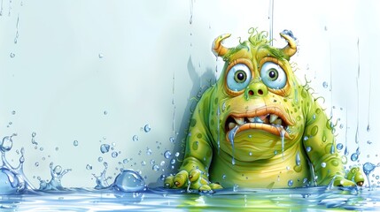   A green monster, large-eyed, stands in a pool, water splashing on its face - obrazy, fototapety, plakaty