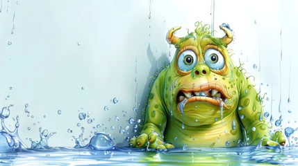 Fotobehang   A green monster, large-eyed, stands in a pool, water splashing on its face © Jevjenijs