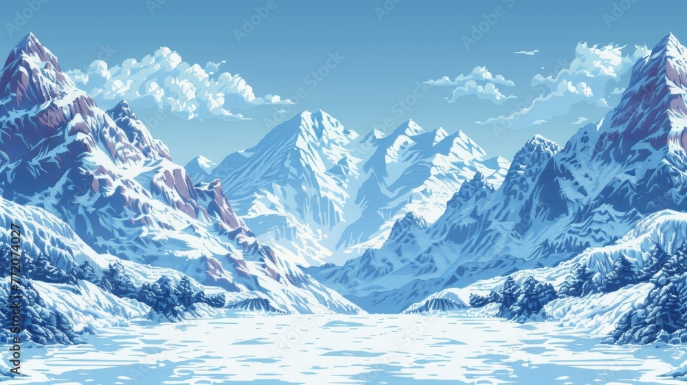 Poster a computer generated image of a snowy mountain range with a large body of water in the foreground. t