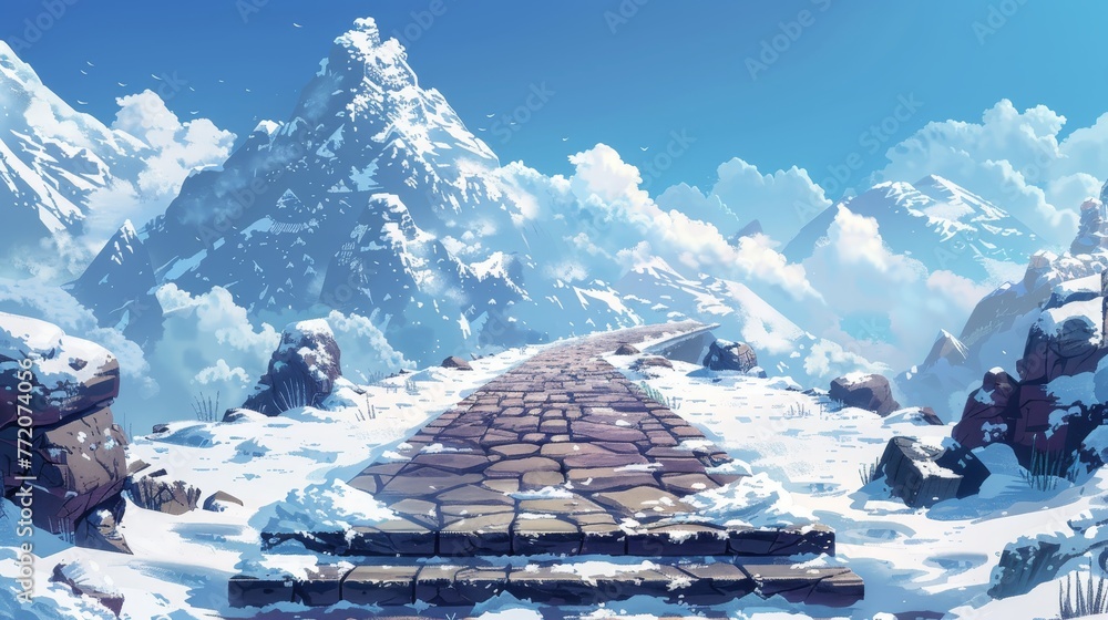 Poster a mountain range with a snow covered path leading to the top. the sky is clear and blue with a few c