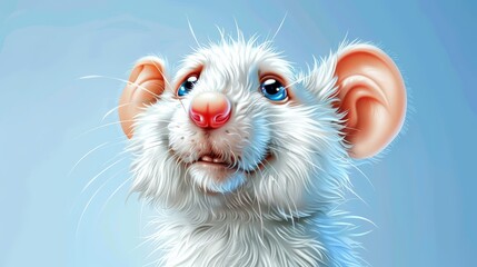   A white mouse with blue eyes and pink nose is depicted against a backdrop of a blue sky
