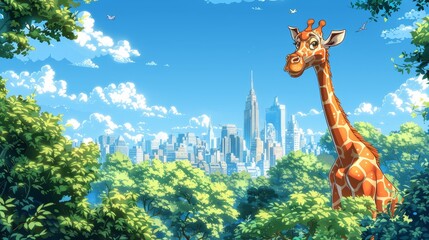   A giraffe stands amidst a lush green forest, beside a towering building Cityscape lies behind