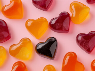 Colorful heart candy on a pink background