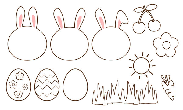 Easter set with rabbit bunny cartoons, cherry fruit, daisy flower. sun, grass, carrot and Easter eggs coloring page vector.
