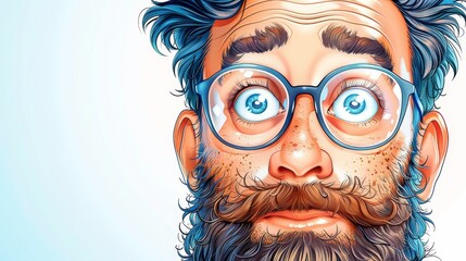   A tight shot of a man with glasses, a beard, and freckled hair; his eyes lined with blue eyeliner - obrazy, fototapety, plakaty