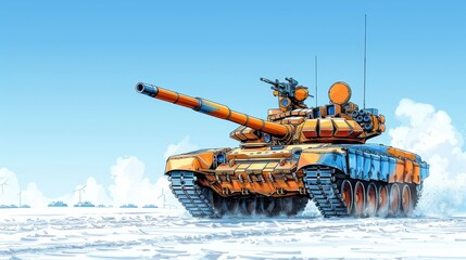   A painting of an orange-blue tank amidst a snowy landscape, its turret armed with guns - obrazy, fototapety, plakaty