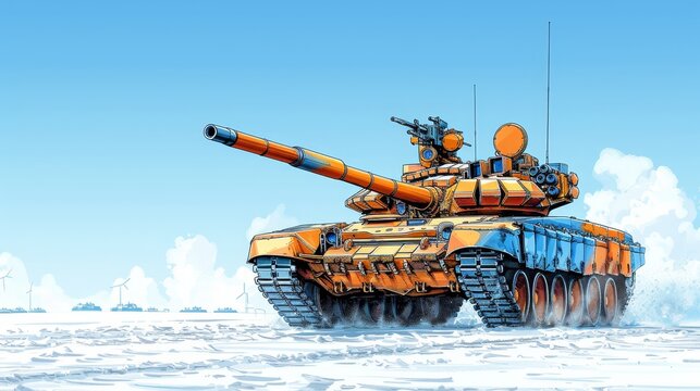   A painting of an orange-blue tank amidst a snowy landscape, its turret armed with guns