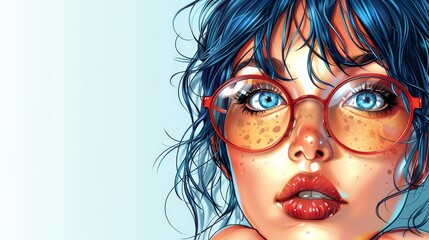  Woman with blue hair, red glasses, and freckled face - freckles visibly dotting her complexion - obrazy, fototapety, plakaty