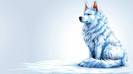   A white dog sitting on snow-covered ground against a white background