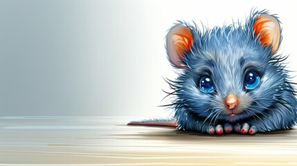  Blue-eyed mouse with orange ears on floor, paws touchdown - obrazy, fototapety, plakaty