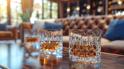   Two glasses of whiskey rest on a table, facing a couch and its accompanying room, where a couch is situated beyond