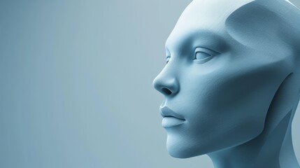   A white mannequin head against a light blue backdrop