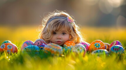   A little girl lies in the grass, surrounded by a collection of decorated eggs, gazing at the camera