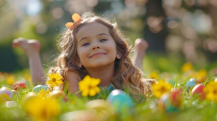   A little girl lies in the grass, a butterfly perched atop her head Flowers adorn her hair