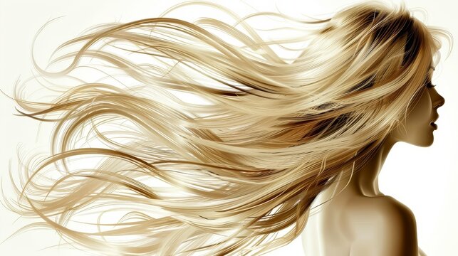   Digital painting of a woman with long, blonde hair flowing in the wind against a pristine white background