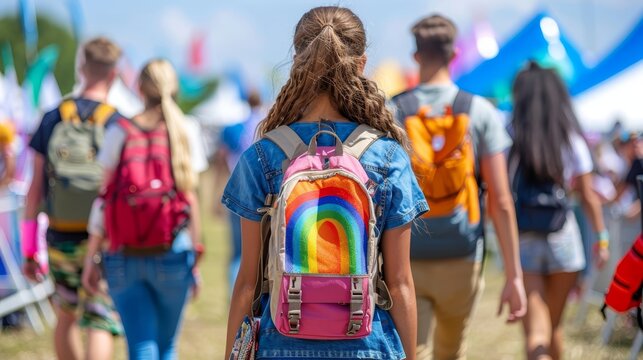   A group of people walk through a field, each carrying a backpack One person's backpack is adorned with a rainbow painting