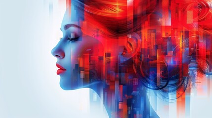   A woman's face outlined by red and blue lines forming a headshape Cityscape background