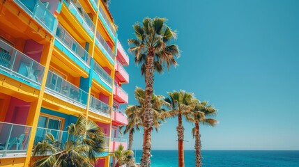   A row of palm trees lines the shore, framing a multicolored building on the beach The ocean serves as a serene backdrop - obrazy, fototapety, plakaty