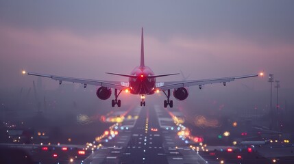   A large jetliner cutting through foggy skies, above a runway teeming with heavy traffic