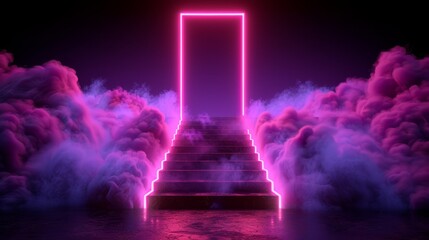   A path of steps leads to an open door against a backdrop of smoking clouds and vibrant neon lights, all set against a dark background