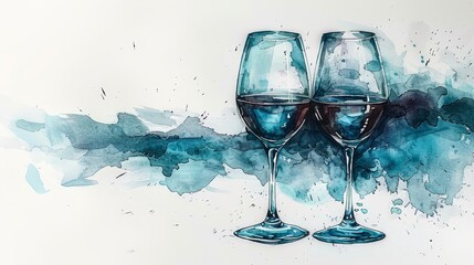   Two wine glasses placed beside each other on a blue and white painting, depicting watercolor scenes