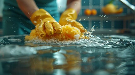   A person in a blue shirt wears yellow gloves while using a yellow sponge and another pair of yellow rubber gloves to wash a surface - obrazy, fototapety, plakaty