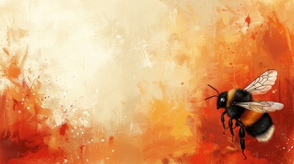   A bee, yellow and black, on a red-orange background with a central white dot