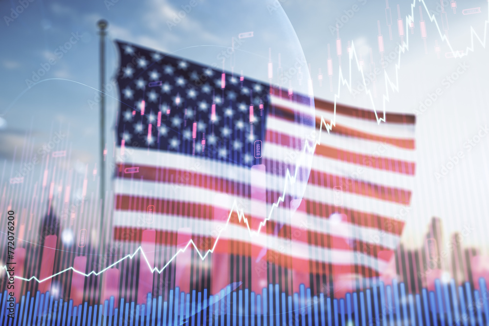Poster multi exposure of virtual abstract financial graph hologram and world map on us flag and skyline bac