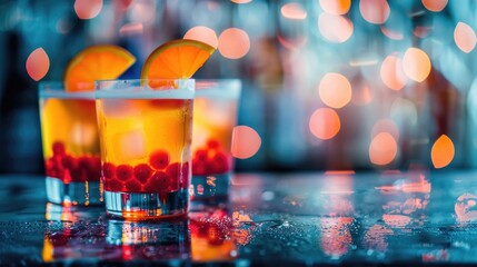horizontal banner, celebration of the Founding Day of the State of Japan, citrus refreshing cocktails in the color of the flag of Japan, cherry and orange slice, bokeh effect