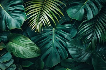 closeup nature view of green leaf and palms background. Flat lay, dark nature concept, tropical leaf - generative ai - obrazy, fototapety, plakaty