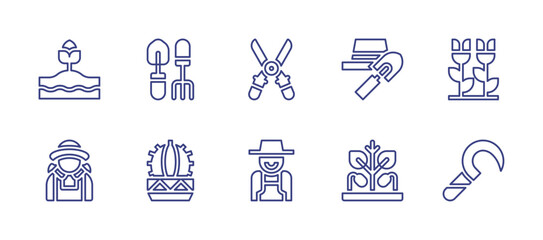 Gardening line icon set. Editable stroke. Vector illustration. Containing gardening tools, sprout, sickle, cactus, gardener, gardening, garden, pruning shears.