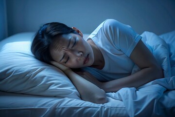 Young asian woman cannot sleep insomnia late at night. Can't sleep. Sleep apnea or stress. Sleep disorder concept.