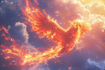 A majestic phoenix soaring through the skies, its fiery plumage leaving trails of shimmering embers as it dances among the clouds, embodying the eternal cycle of rebirth and transformation - obrazy, fototapety, plakaty