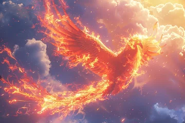 Fotobehang A majestic phoenix soaring through the skies, its fiery plumage leaving trails of shimmering embers as it dances among the clouds, embodying the eternal cycle of rebirth and transformation © Izanbar MagicAI Art