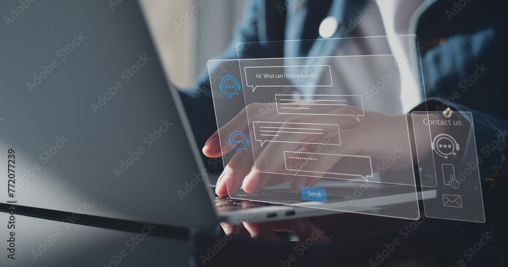 Poster chatbot conversation assistant. person using online customer service with chat bot to get support. a