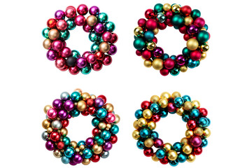 Set of wreath of multi-colored Christmas balls isolated on transparent background