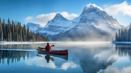 A man in a red canoe is paddling down a river in front of a mountain range - obrazy, fototapety, plakaty