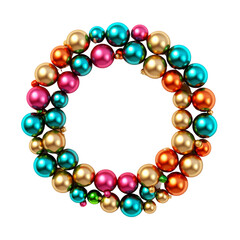 Wreath of multi-colored Christmas balls isolated on transparent background