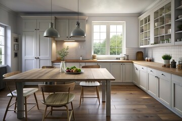 The interior is a modern and cozy kitchen with natural light. Light kitchen cabinets, a wooden dining table with chairs and stylish pendant lights.