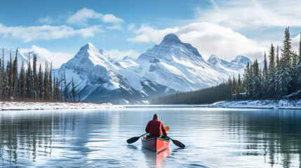A man in a red canoe is paddling down a river in the mountains