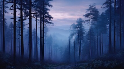 At twilight, the foggy pine forests are nature's lullaby, with the sun's serene serenade painting indigo and amethyst shades