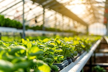 Leafy vegetables growing in hydroponic greenhouse, Vertical farming is sustainable agriculture for future food. - obrazy, fototapety, plakaty