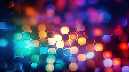 Colorful hexagon and circle bokeh with glitter, neon lights, and depth of field.