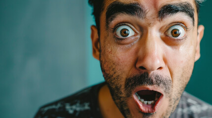 Close-up of a man with expressive eyebrows raised in surprise, reacting to an unexpected proposal - obrazy, fototapety, plakaty