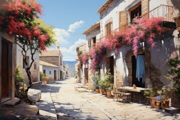 A colorful watercolor painting of a narrow city street with flowers cascading down the sides of buildings and staircases.