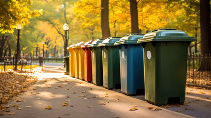 A row of recycling bins in the park - obrazy, fototapety, plakaty