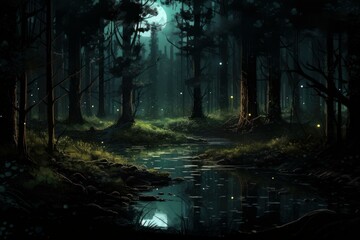 Dense Night forest jungle. Wood creepy. Generate Ai