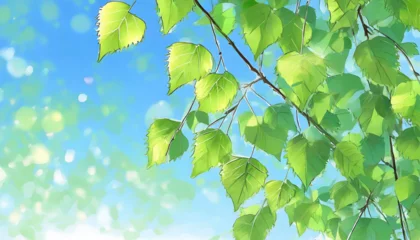 Foto op Canvas Green foliage of a tree against a blue sky. Beautiful background, place for text © Gulmira 