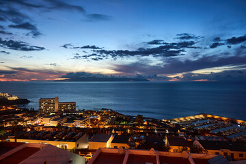 Night view of a city in Tenerife at sunset