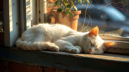 White Cat Napping on Window Sill
